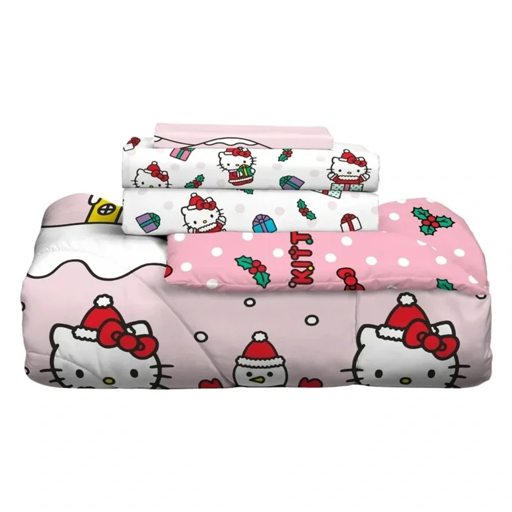 Hello Kitty Holiday Kids 5 Piece Reversible Comforter, Bed in a Bag, Twin NEW